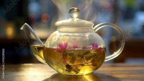 A glass teapot filled with fragrant herbal tea, steam rising gracefully from the spout