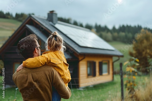Rückansicht eines Vaters, der sein kleines Mädchen im Arm hält und ihr Haus mit installierten Sonnenkollektoren zeigt. Konzept Nachhaltigkeit, Alternative Energie