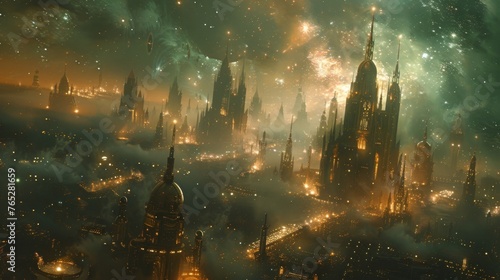 An otherworldly city its buildings reaching impossibly high towards the starstudded sky. The streets are bustling with beings from all across the galaxy each on their own