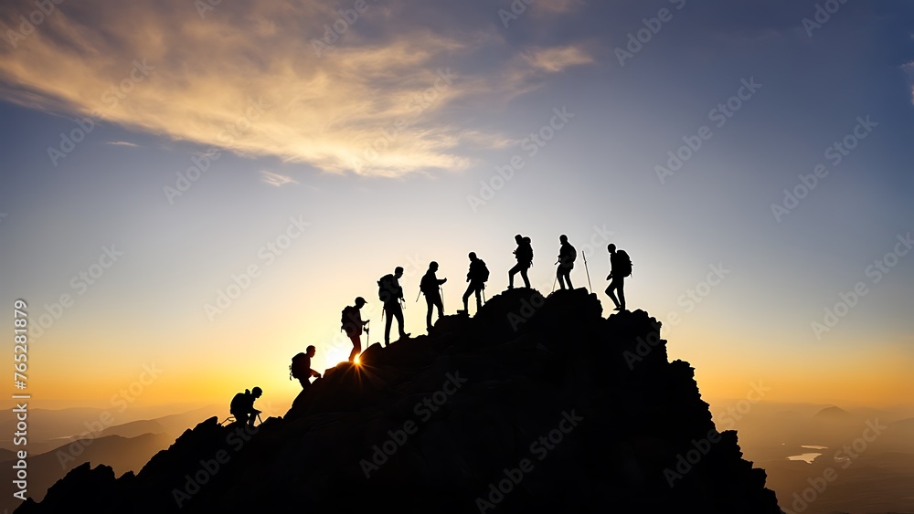 Silhouette of a group of people on top of a mountain