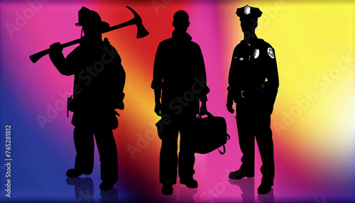 The silhouettes of first responders including a firefighter, medic, police officer against a vibrant colorful rainbow background photo