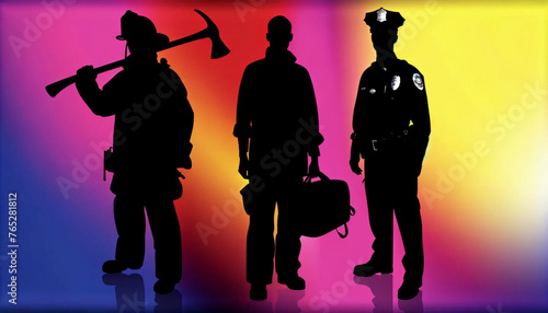 The silhouettes of first responders including a firefighter, medic, police officer against a vibrant colorful rainbow wallpaper background
