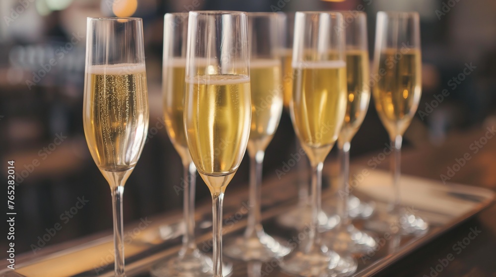A row of delicate champagne flutes lined up on a silver tray, ready for a celebration