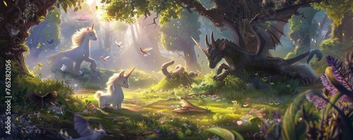 Three small dragons are sitting in a forest © Exnoi