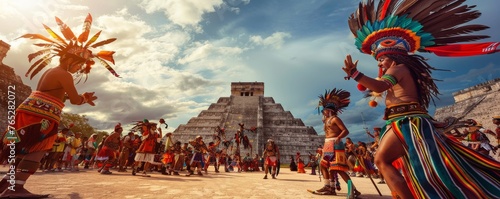 A large group of people are dancing in front of a pyramid photo