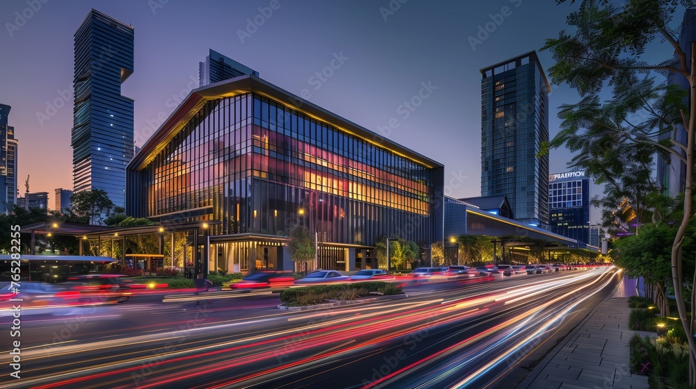 Light trails streak across the backdrop of a modern building, creating a dynamic and vibrant urban scene.