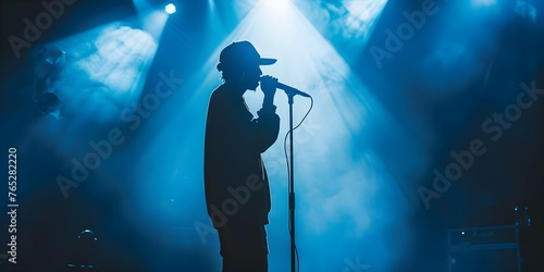 Silhouette of rap singer performing on stage with blue background at a concert in a nightclub. Concept Rap Singer, Stage Performance, Silhouette Photography, Nightclub Concert, Blue Background photo