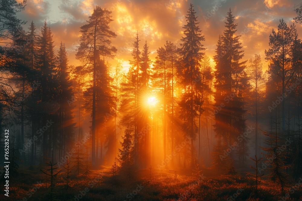 The sunlight filters through the trees in the forest, creating a beautiful spectacle of nature in the atmospheric phenomenon