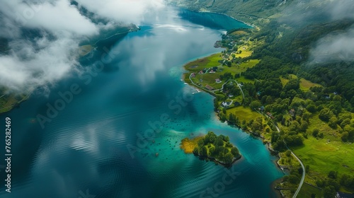 Aerial photography captures the stunning natural landscape of Norway, showcasing the beauty of Lovatnet Lake from a breathtaking perspective