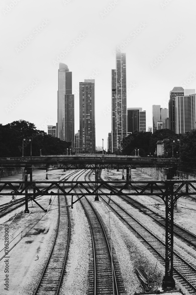 black and white image of chicago tracks