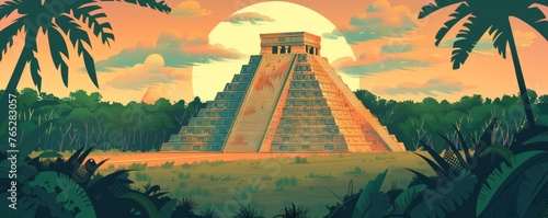 A painting of a pyramid in a jungle with a sunset in the background photo
