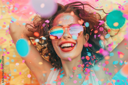 Rainbow confetti celebration, woman with glasses smiling and happy at a pride party