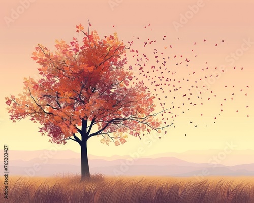 In the twilight's embrace, an illustrated lone tree stands adorned with leaves in warm autumn tones, casting a peaceful ambiance © Wavezaa