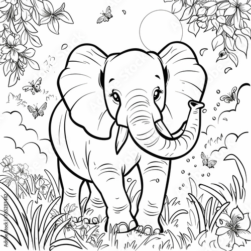 Elephant, Black and white kids coloring page, generative ai
