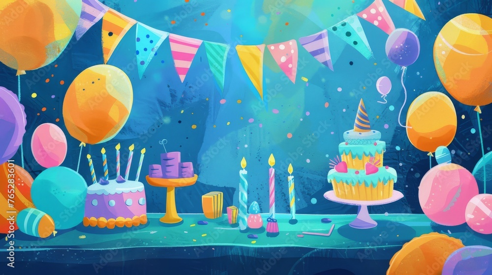 A colorful birthday party with a table full of cakes, cupcakes, and other treats