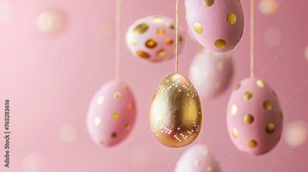 Creative and minimalist Easter design with golden and blush eggs floating against a gentle pink backdrop, ideal for conveying warm wishes.