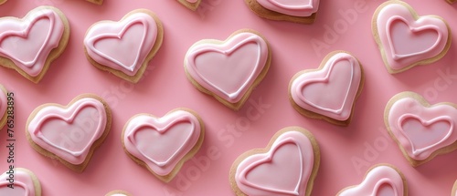 A row of pink heart-shaped cookies with icing