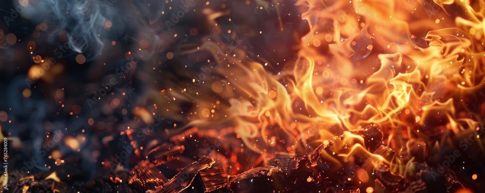 A fire is burning in the woods, with smoke and ash flying up into the air A fire is burning in the woods, with smoke and ash flying up into the air