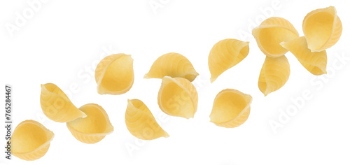 Raw conchiglie pasta flying on white background