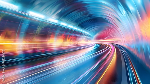 Streszczenie prędkości ruchu w tunelu drogowego autostrady miejskiej, niewyraźne ruch w kierunku światła. Wygenerowane komputerowo kolorowe ilustracji. Ślady świetlne, tło technologii światłowodowej.