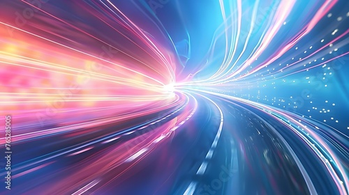 Streszczenie prędkości ruchu w tunelu drogowego autostrady miejskiej, niewyraźne ruch w kierunku światła. Wygenerowane komputerowo kolorowe ilustracji. Ślady świetlne, tło technologii światłowodowej.