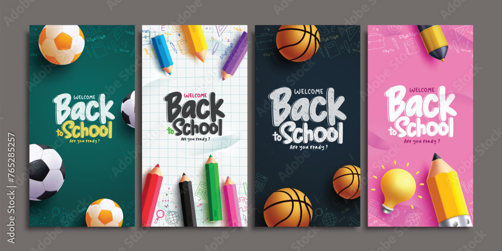 Back to school greeting vector poster set. Welcome back to school text with soccer ball, basketball and color pencil educational elements for learning flyers lay out collection. Vector illustration - obrazy, fototapety, plakaty 