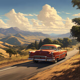 A classic car driving on an open road through a scenic background