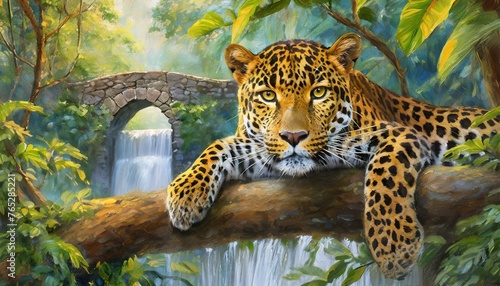 Impressionist painting of a jaguar with beautiful golden eyes  depicted relaxing on a tree