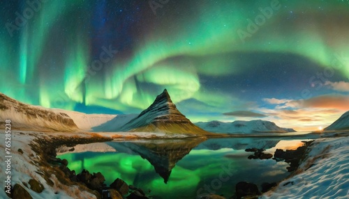 Northern Lights in view from scenic location in Iceland, photo-realism, evening, brilliant 