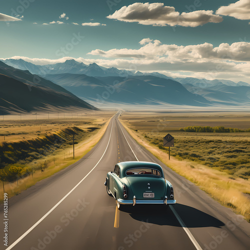 A classic car driving on an open road through a scenic background © Cao