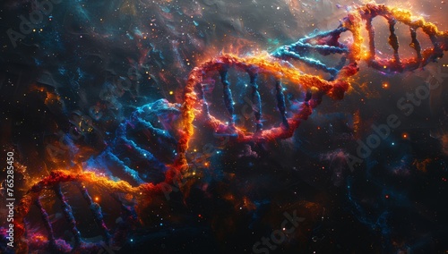 An electric blue computer generated image of a DNA strand floating in the darkness of space, surrounded by the gas and stars of a galaxy