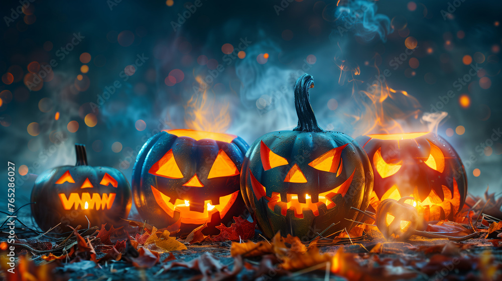 Three jack o lantern pumpkins with glowing eyes sitting on top of colorful fall leaves, bringing a spooky and festive touch to the Halloween season - obrazy, fototapety, plakaty 