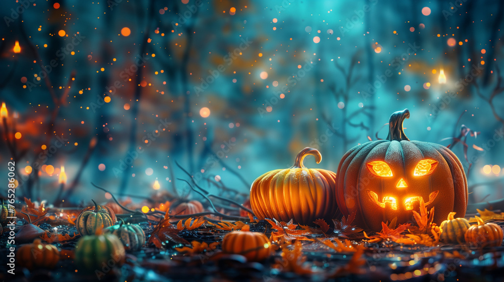 Naklejka premium A group of pumpkins of various shapes and sizes are sitting peacefully in the lush green grass, basking in the warm glow of a sunny day