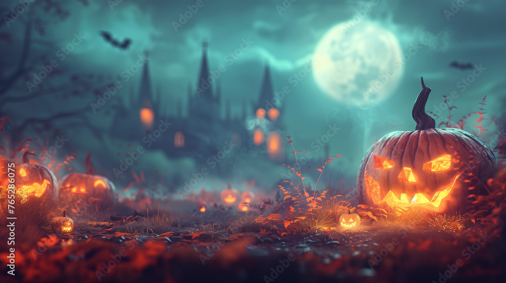 A spooky Halloween scene with vibrant pumpkins in the foreground under a full moons glow, setting an eerie yet enchanting atmosphere A spooky Halloween scene with vibrant pumpkins in the foreground under a full moons glow, setting an eerie yet enchanting atmosphere
