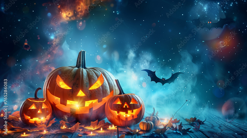 Naklejka premium A collection of intricately carved pumpkins of various shapes and sizes, illuminated from within, adorns a weathered wooden floor on a Halloween night