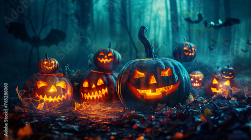 A group of intricately carved pumpkins is gathered in the center of a dense forest, creating a whimsical and magical scene perfect for Halloween