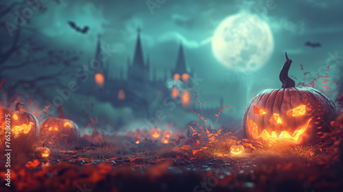 A spooky Halloween scene with vibrant pumpkins in the foreground under a full moons glow, setting an eerie yet enchanting atmosphere