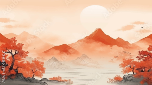 Abstract beautiful traditional chinese or japanese temple house hill with river, cloudy and mountain scenery landscape watercolor painting wallpaper oriental background. Clouds, mountain, river