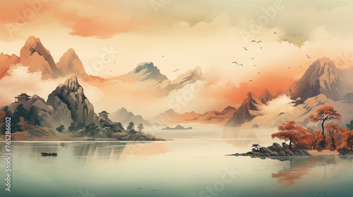 Abstract beautiful traditional chinese or japanese temple house hill with river, cloudy and mountain scenery landscape watercolor painting wallpaper oriental background. Clouds, mountain, river photo