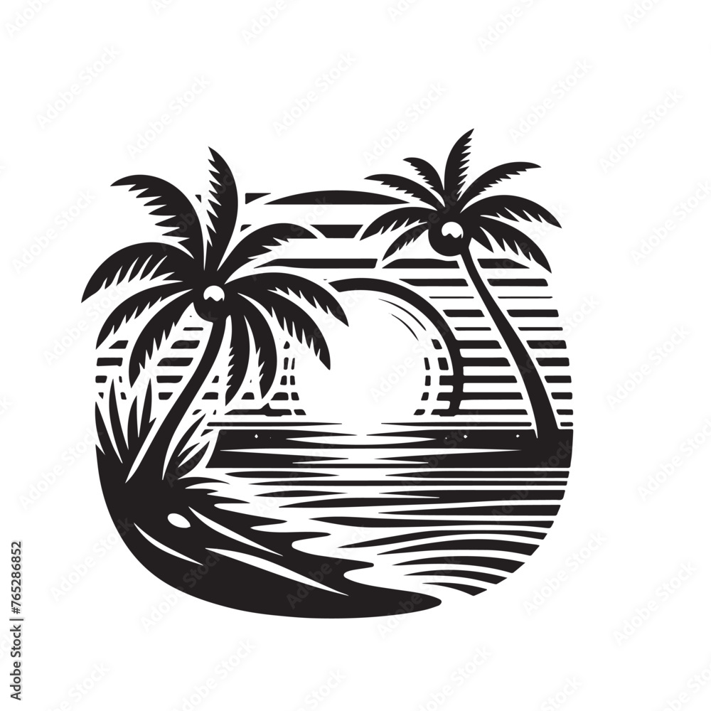 Simple Sunset Sunrise with Palm Tree Vector