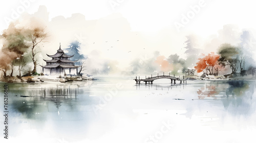 Abstract beautiful traditional chinese or japanese temple house hill with river, cloudy and mountain scenery landscape watercolor painting wallpaper oriental background. Clouds, mountain, river