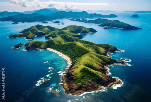Aerial view of the tropical islands around Guanshui Island in China, surrounded by turquoise waters and lush green mountains photo