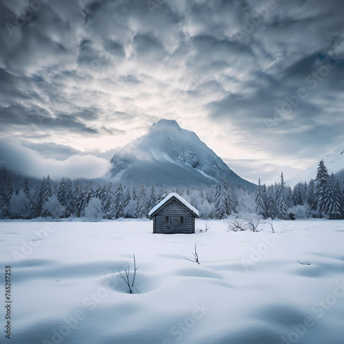 A serene snow-covered landscape with a solitary cabin