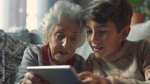 A Heartwarming Multigenerational Family Scene with Grandmother Embracing Technology and Learning, Guided by the Tech-Savvy little Grandson