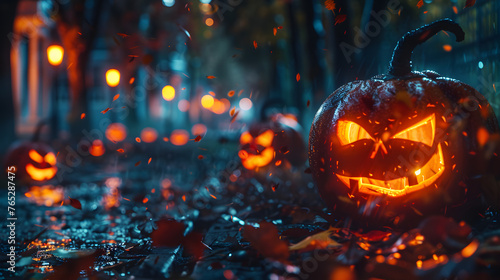 A pumpkin carving scene at night, with details of the pumpkins' glowing faces, the surrounding darkness, and the sense of mystery and atmosphere.