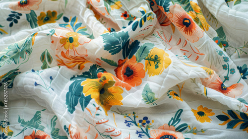 A closeup of a charming picnic blanket with a cheerful floral print.