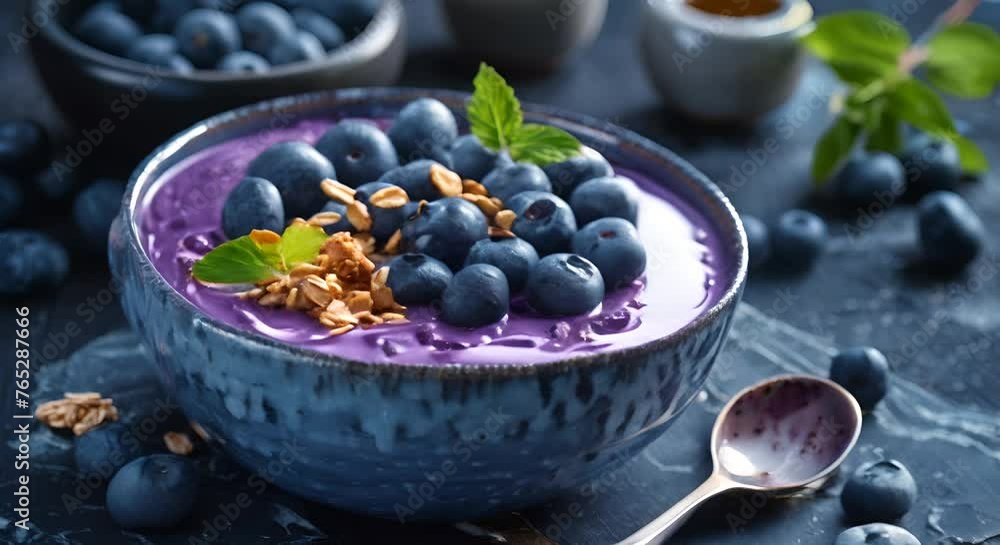 A bowl of blueberry yogurt with granola and honey A bowl of blueberry yogurt with granola and honey