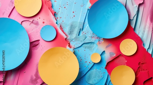 Abstract artistic composition with bright paint splatters and circular shapes in bold pink, blue, and yellow hues.