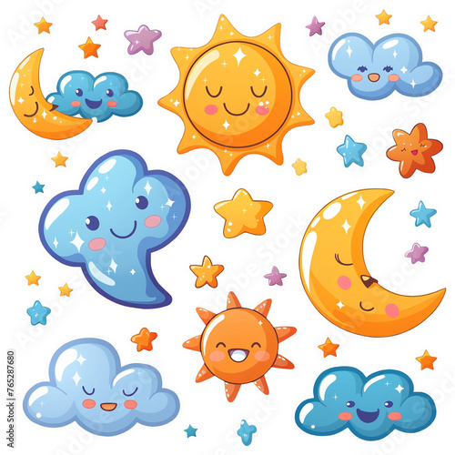 Set of clouds, sun, stars and moon isolated on white background. Set of bright stickers. Design for children's room, dishes, textiles, cards.