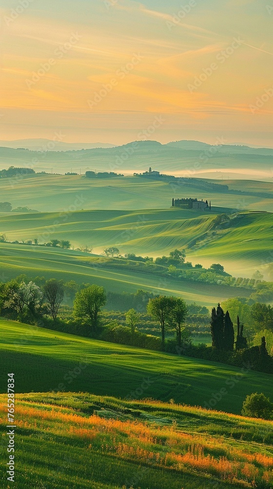 Naklejka premium Sunrise Over Fields, generative AI